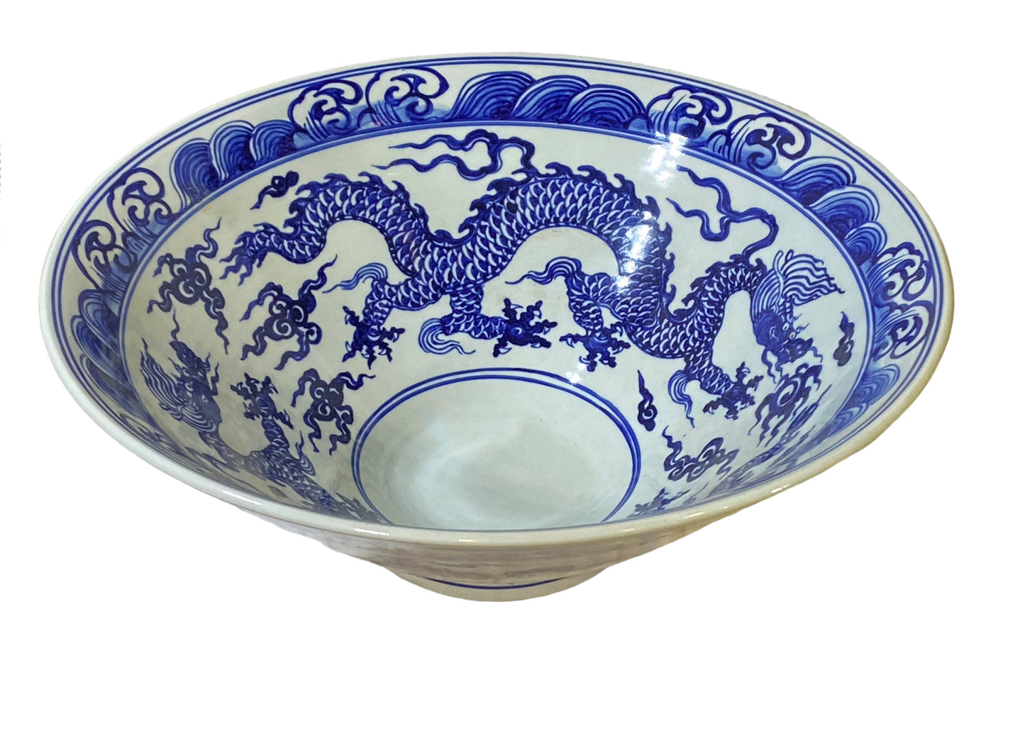 #176 Large Chinoiserie Blue & White Centerpiece Dragon Motif Bowl  17.5" D