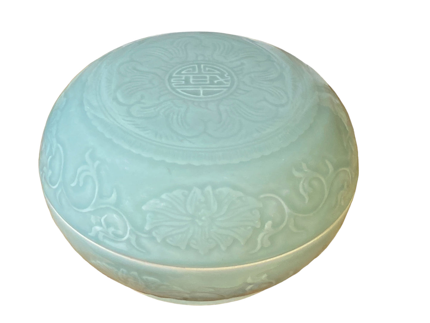 #7074 Chinese Hand Carved Celadon Box 9.5" Diameter