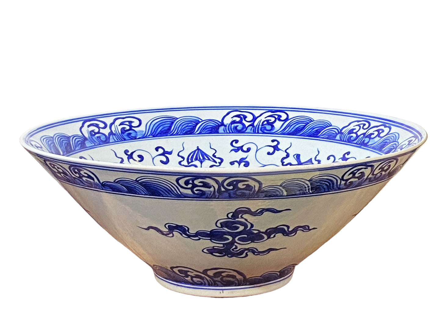 #7076 Chinoiserie  B & W Porcelain LG Bowl Dragon & flowers 17.5" Diameter