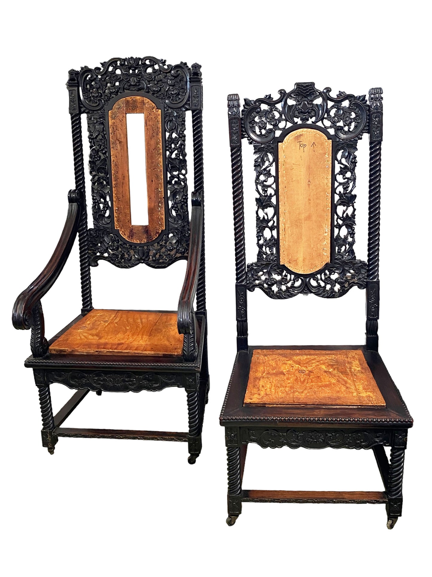 #7058/59 Sino-British Victorian Jacobean Revival Carved ornate Throne Pair of Chairs