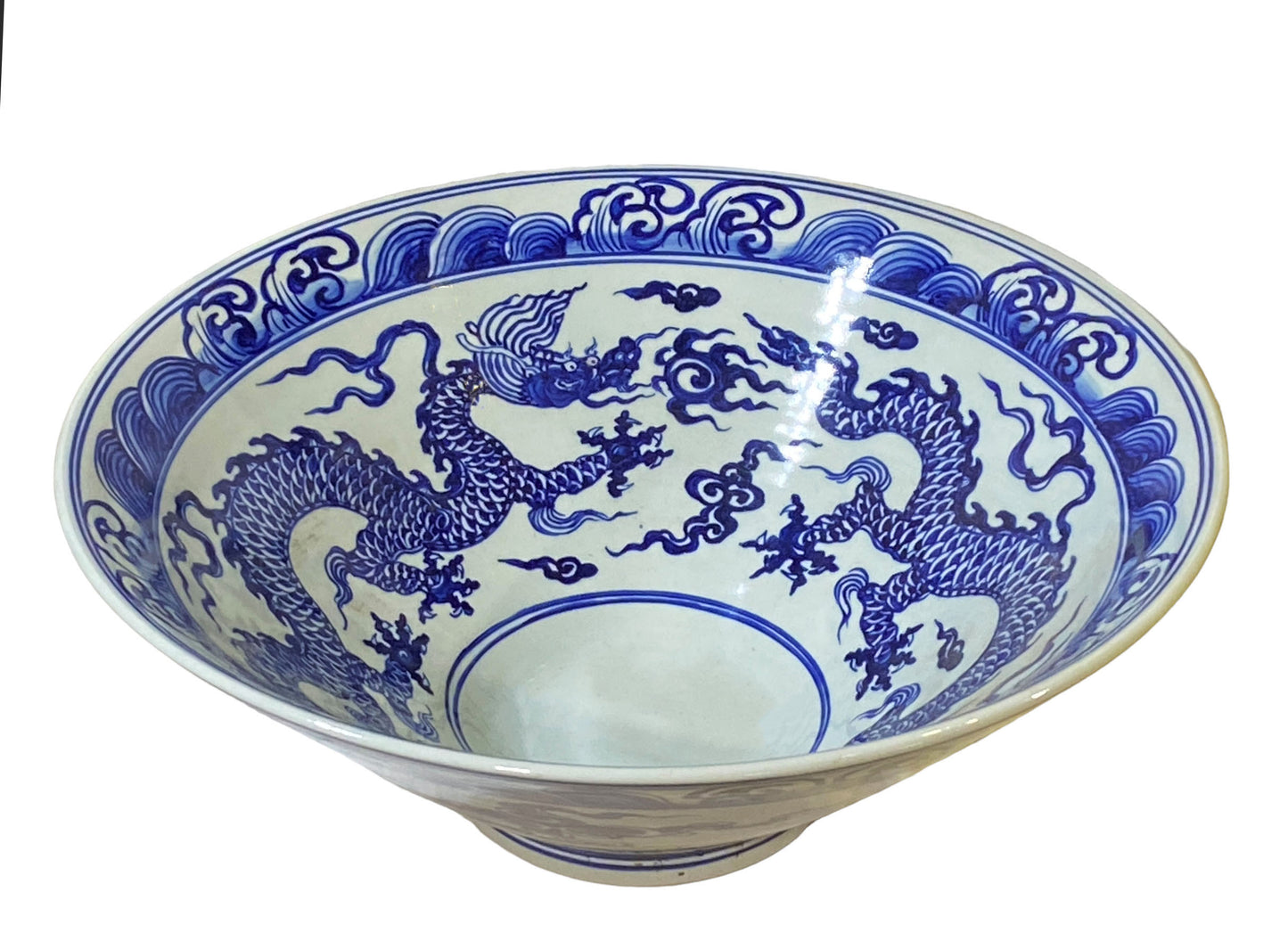 #176 Large Chinoiserie Blue & White Centerpiece Dragon Motif Bowl  17.5" D