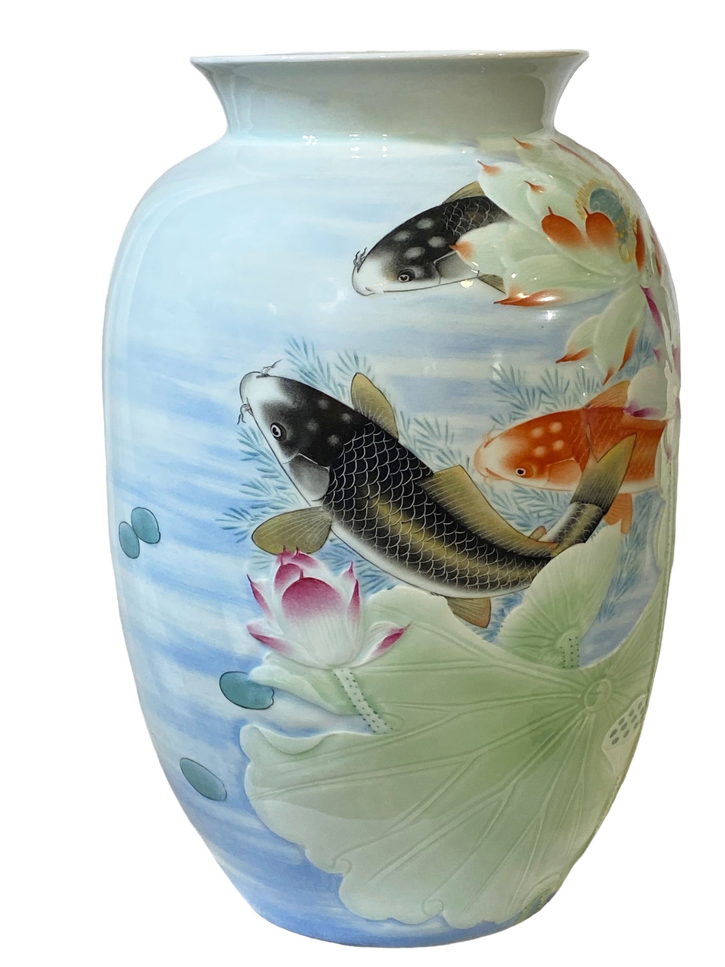 #2354 Superb LG Chinese  Porcelain Celadon Vase W/ Carps 17.25"  H