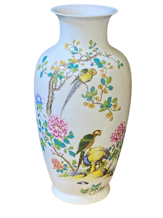 #5777 Famille Rose Porcelain Vase W/Parrots/Chrysanthemum 17" H