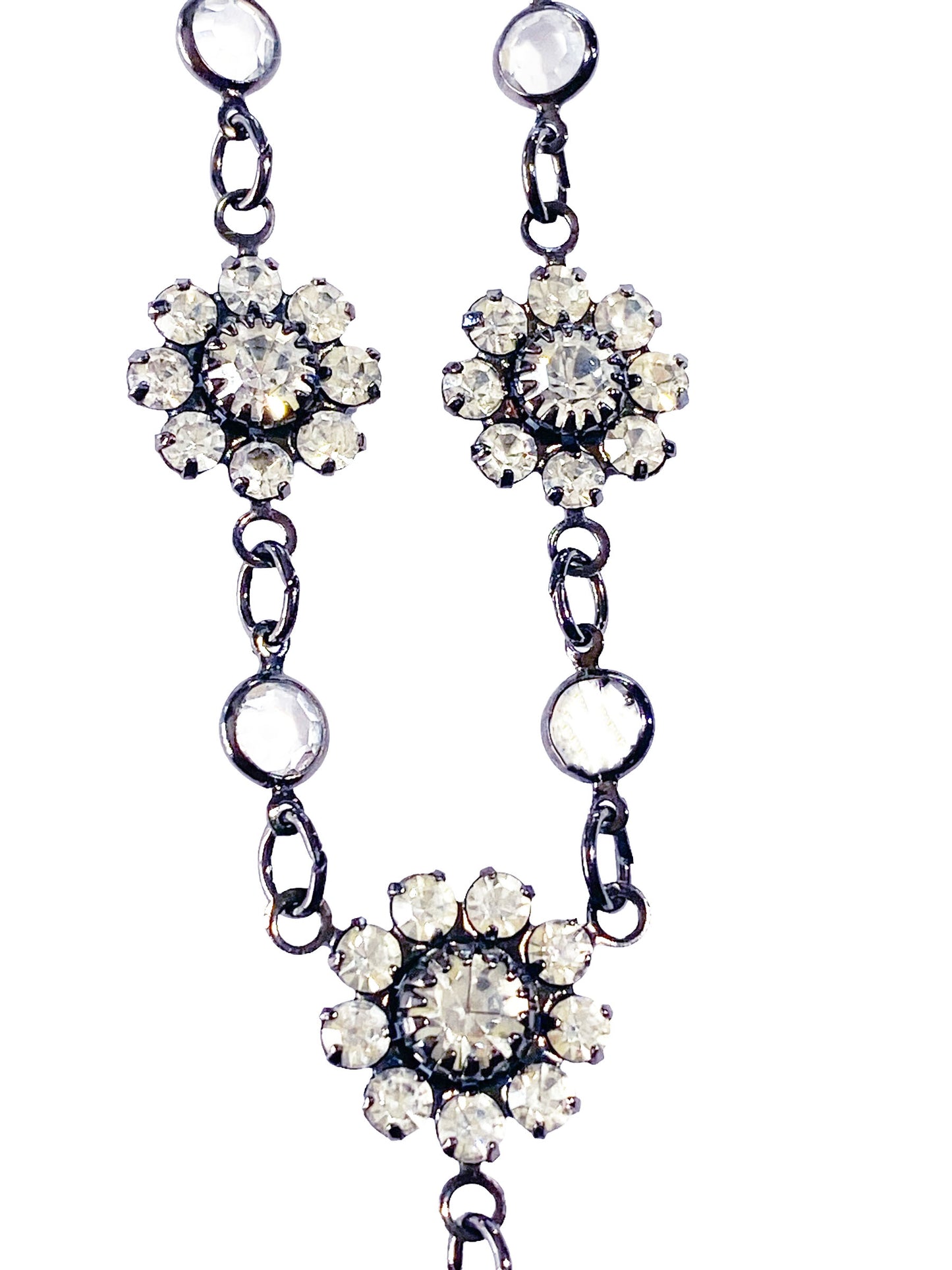 #5889 Vintage  Austrian Crystal Choker Necklace USA Gun Metal Floral Dainty Bling