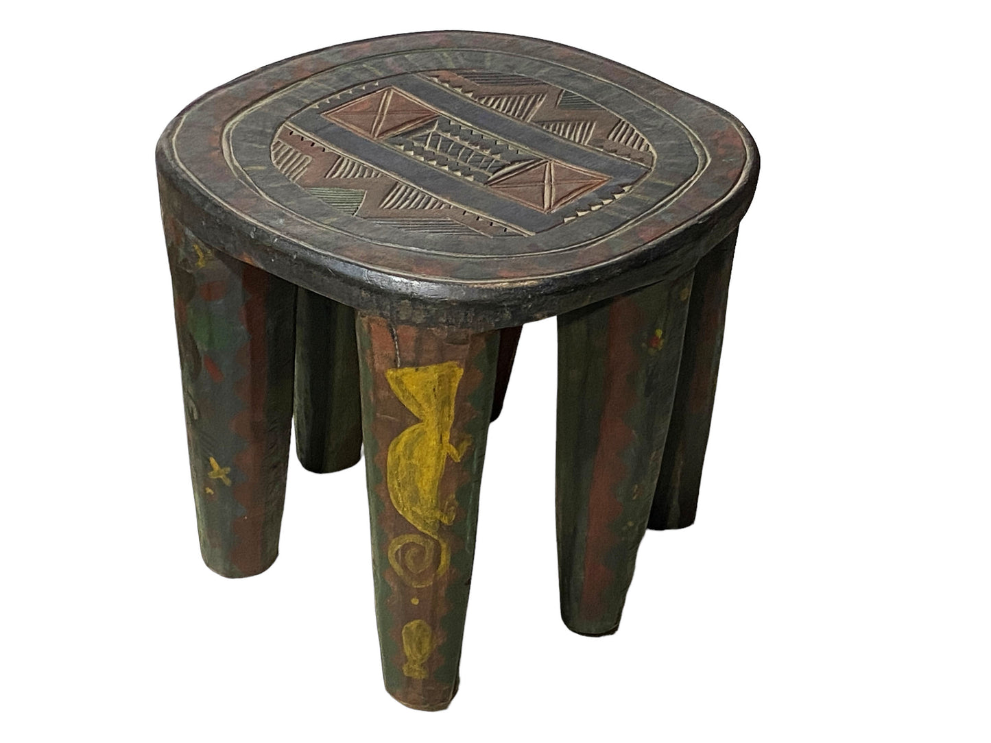 #5546 African LG Colorful  Nupe Stool / Table Nigeria  14" H by 15.25" W