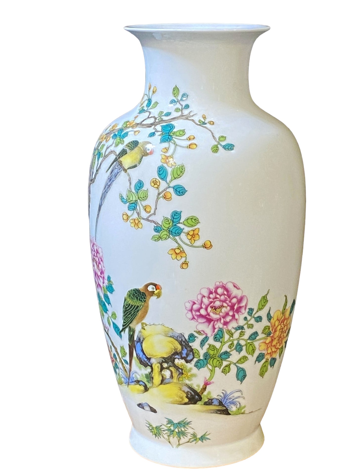 #5777 Famille Rose Porcelain Vase W/Parrots/Chrysanthemum 17" H