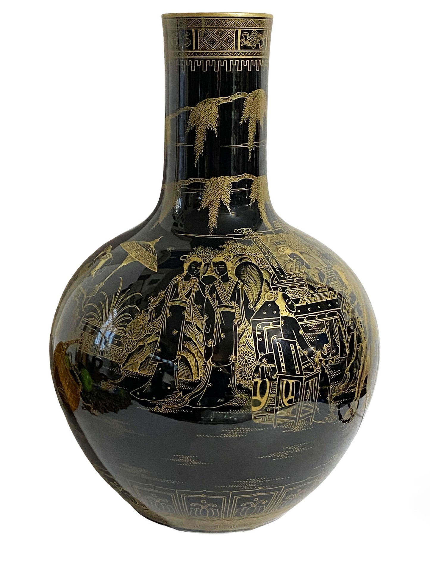 #5753 Large Chinoiserie Onion Shape Famille Noire Vase 19.25" H