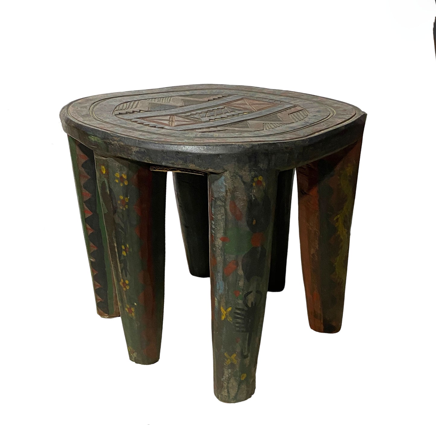 #5546 African LG Colorful  Nupe Stool / Table Nigeria  14" H by 18" W