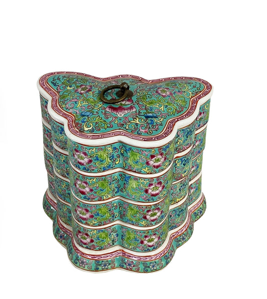 #5687 Chinoiserie  Famille Verte Butterfly  Set Of Stacking Food  Boxes 8" H