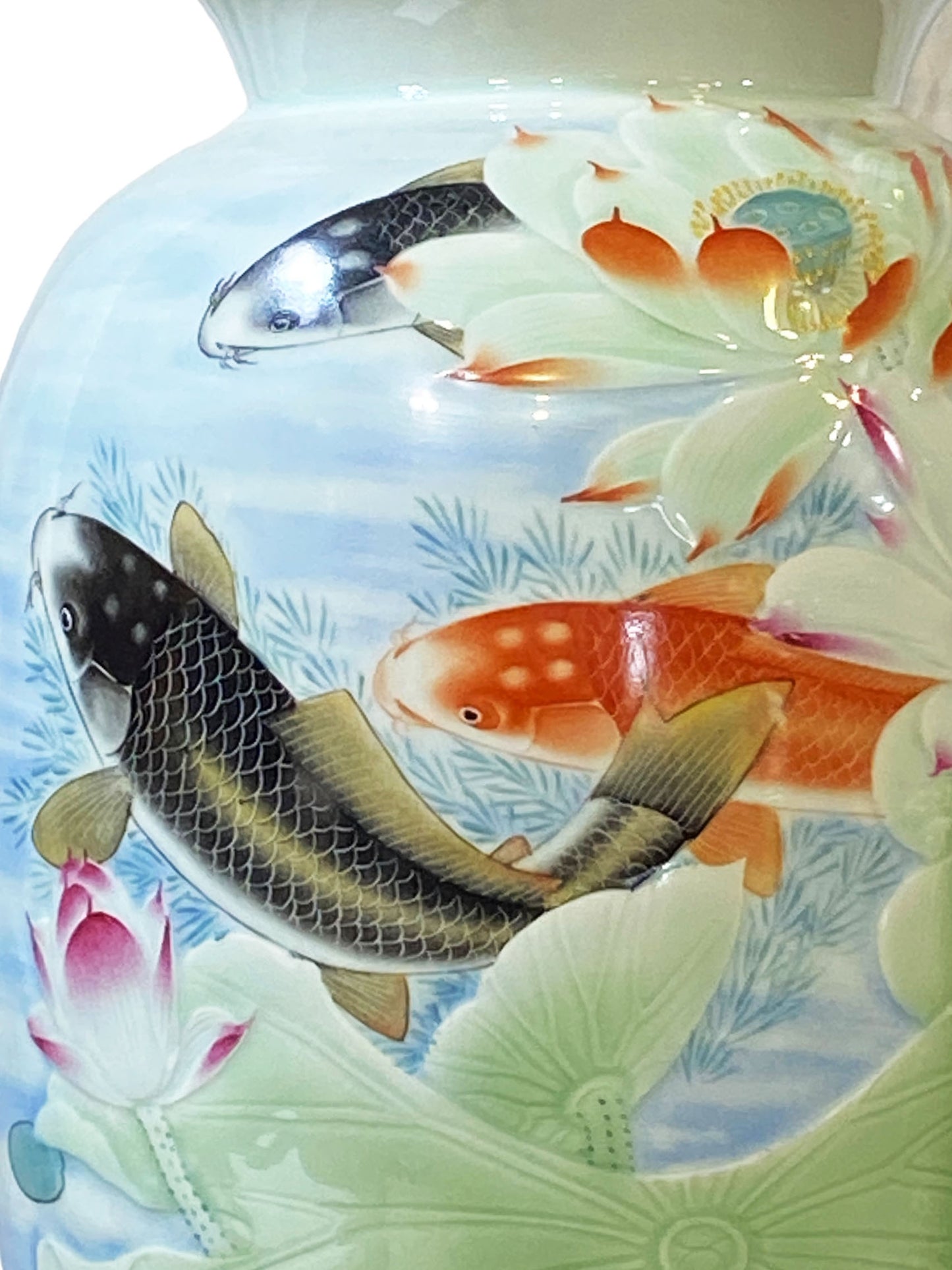 #2354 Superb LG Chinese  Porcelain Celadon Vase W/ Carps 17.25"  H