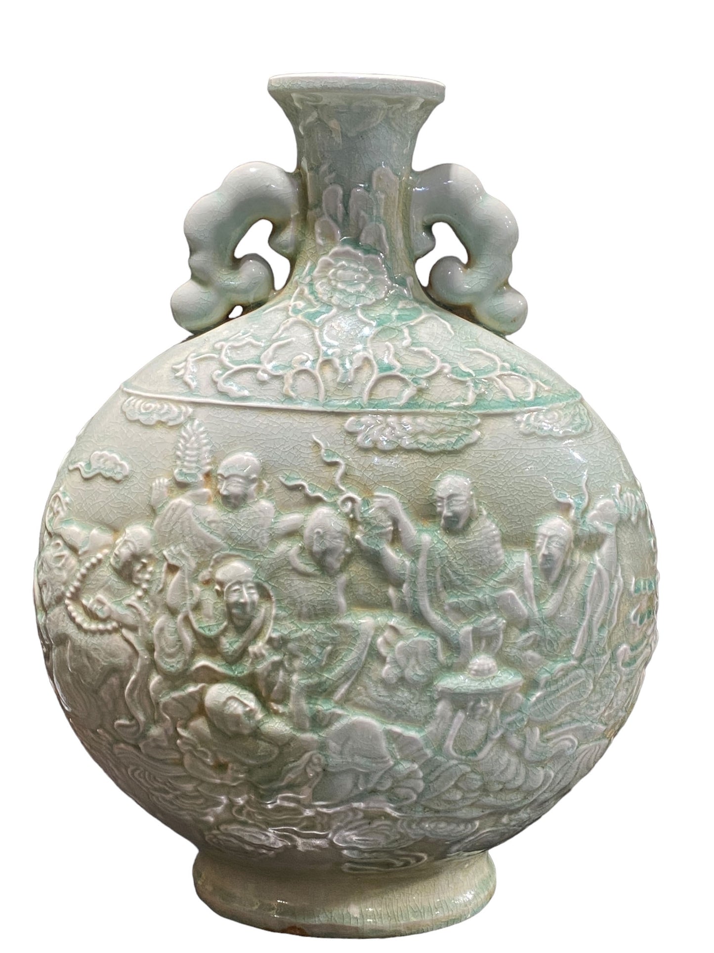 #5789 Moon Flask Celadon Buddha Vases 17.75" H