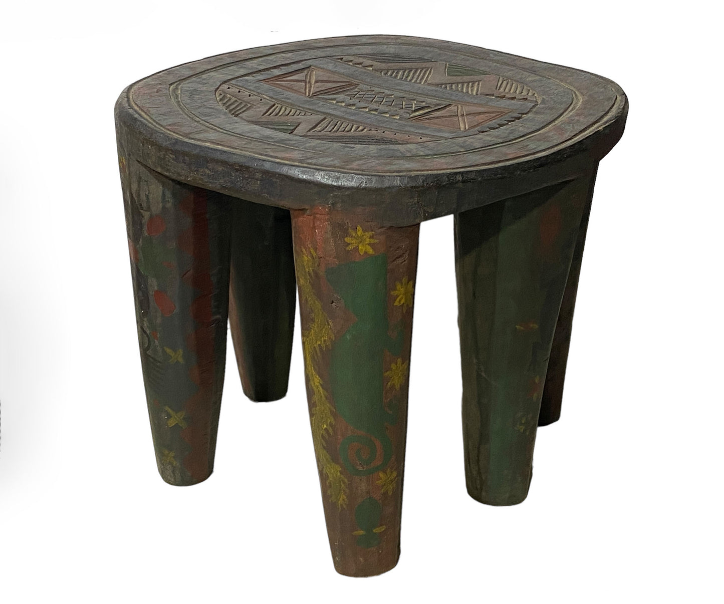 #5546 African LG Colorful  Nupe Stool / Table Nigeria  14" H by 15.25" W