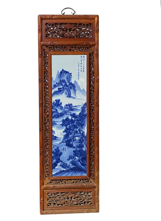 #5535  Superb LG Chinese  Blue and White Porcelain Wood Panel 49" H