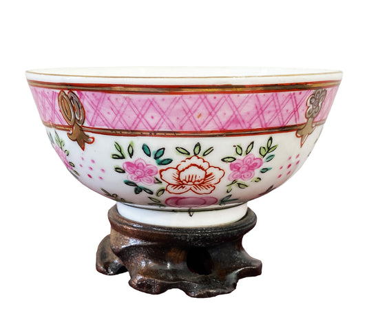 #176 Chinoiserie Old  Famille Rose Bowl On Stand 3" H