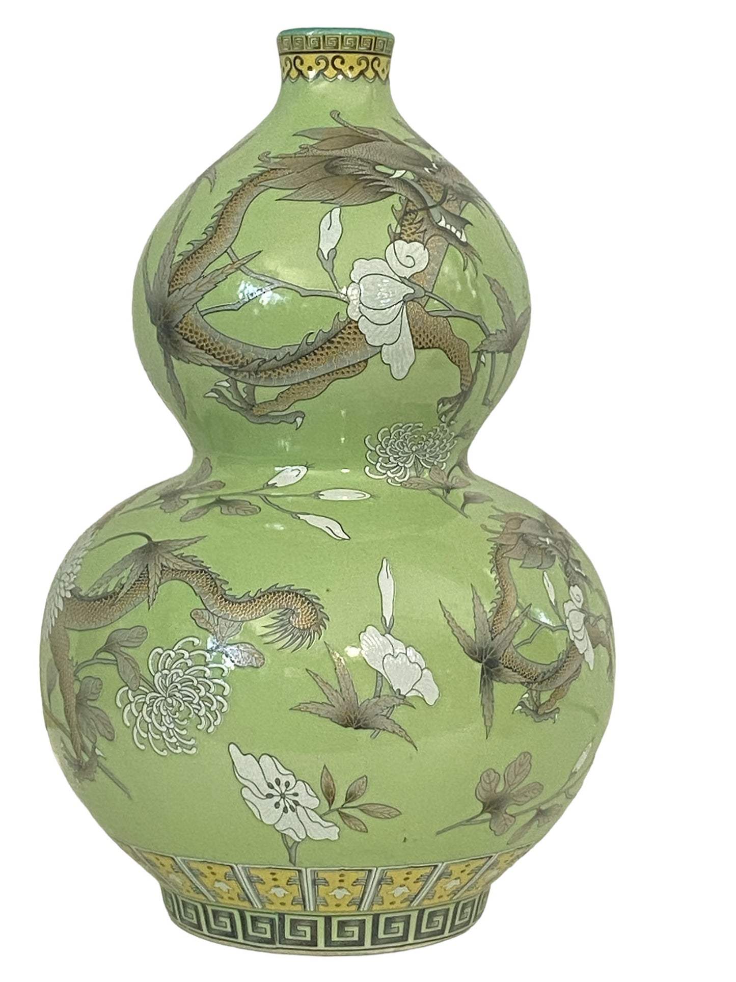 #3196 Famille Verte Style Porcelain Dragons Vase.14" H