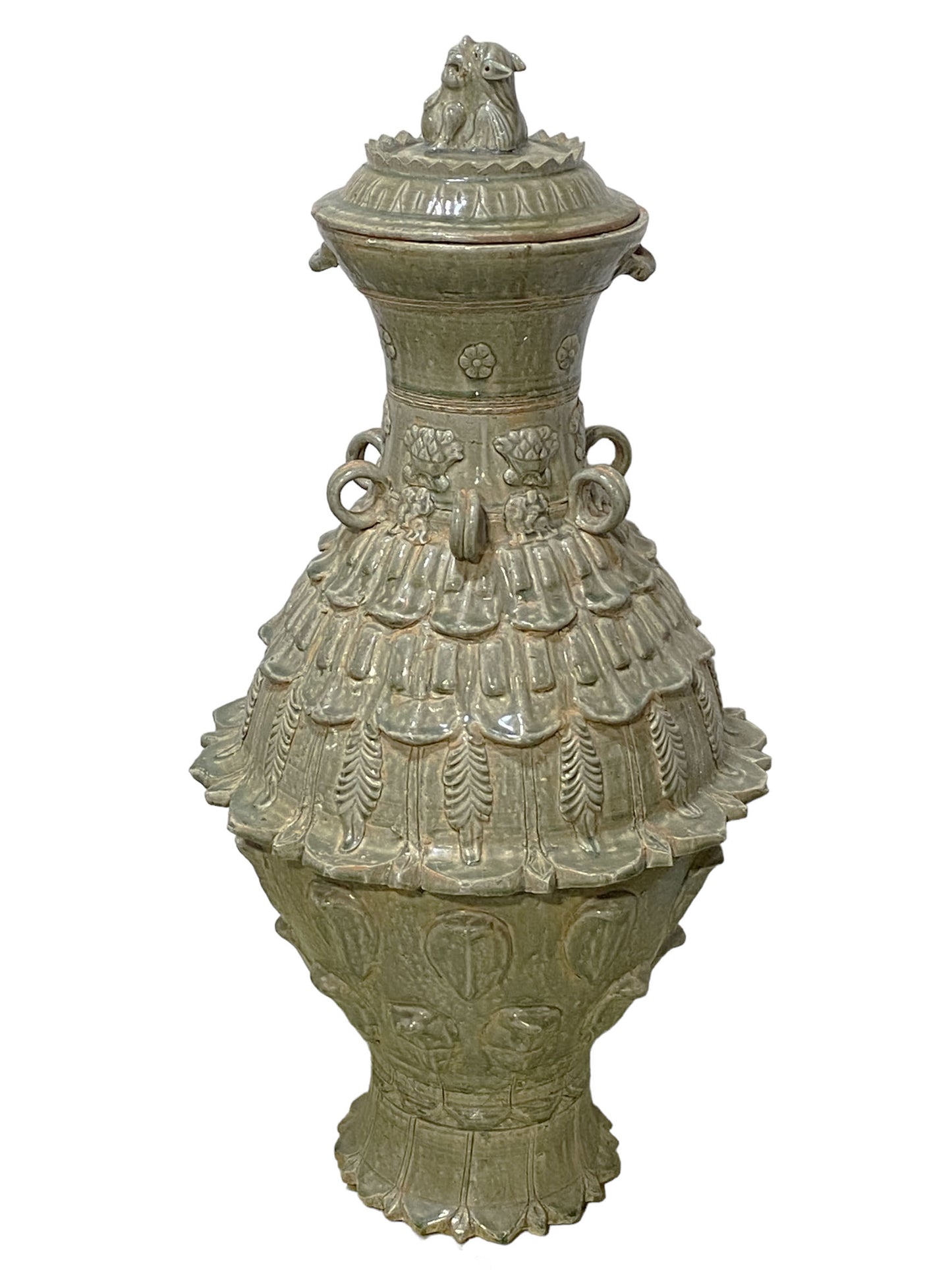 Large Chinoiserie Tang-Style Lotus Celadon Lidded Jar 36"H
