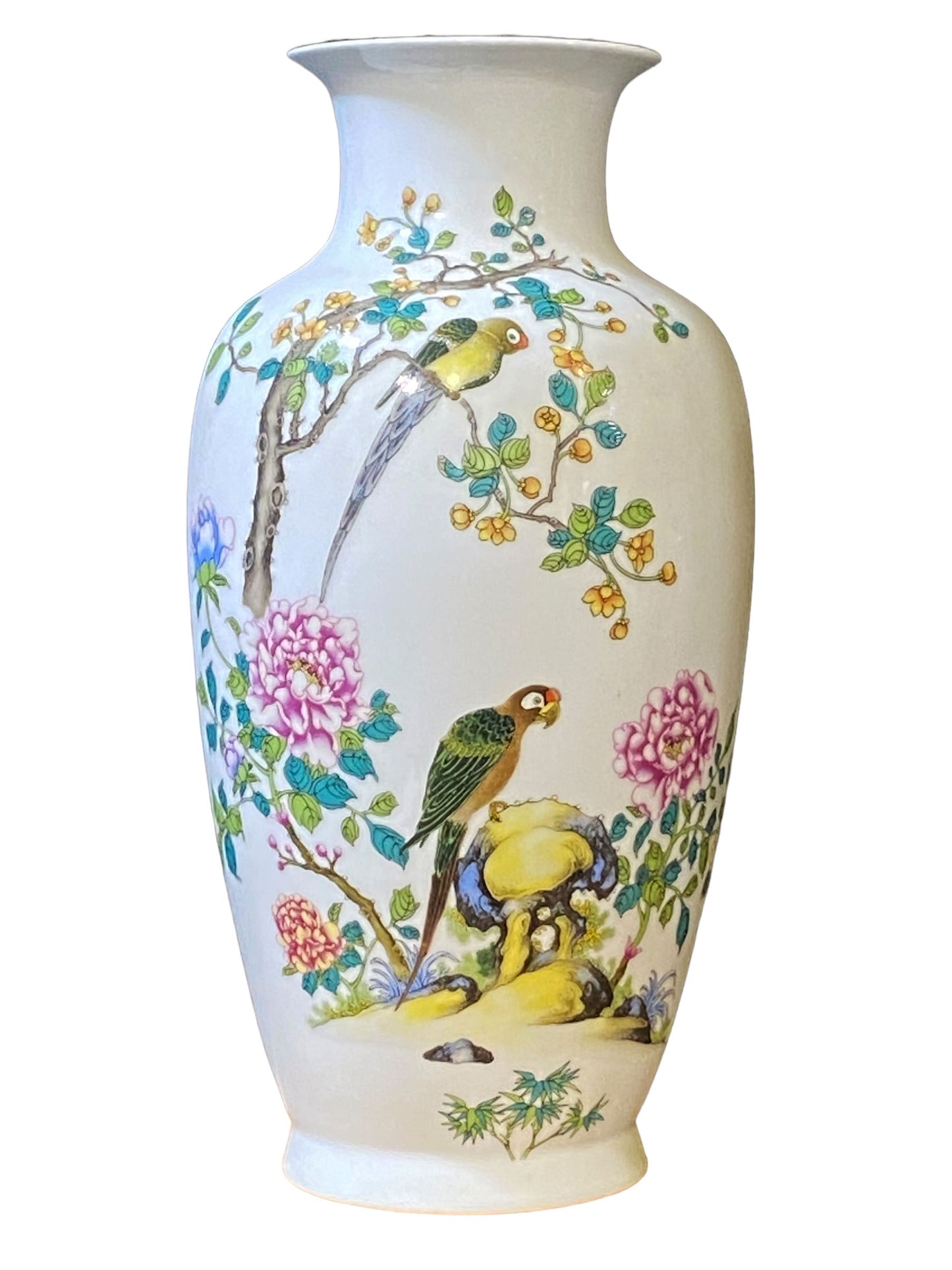 #5777 Famille Rose Porcelain Vase W/Parrots/Chrysanthemum 17" H