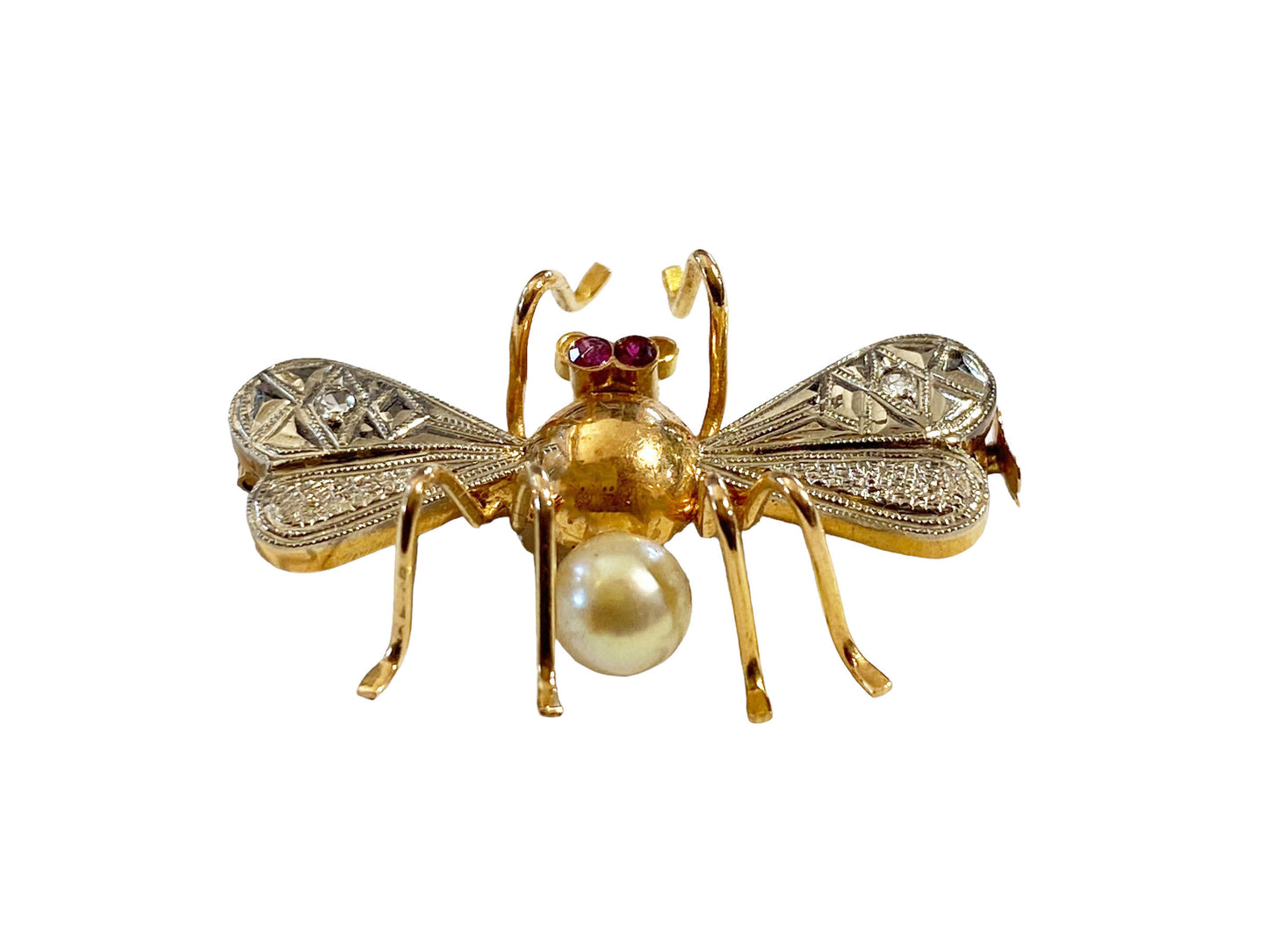 # 5821  Fine Antique 18k Yellow & White Gold Rubies BEE Brooch Pin