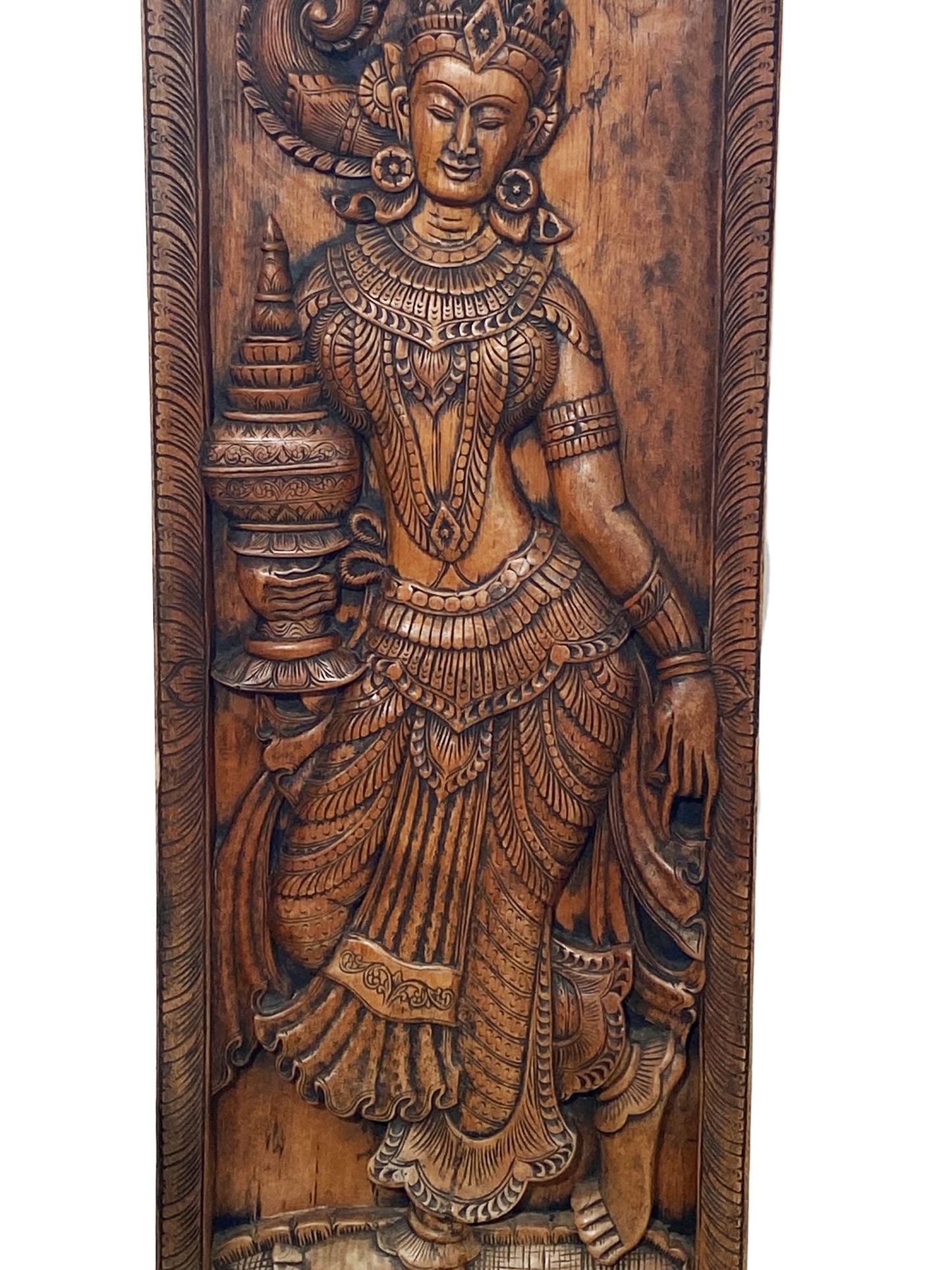 #302 Large Carved Thai Deity Teak Wood  Panel  48.25" H