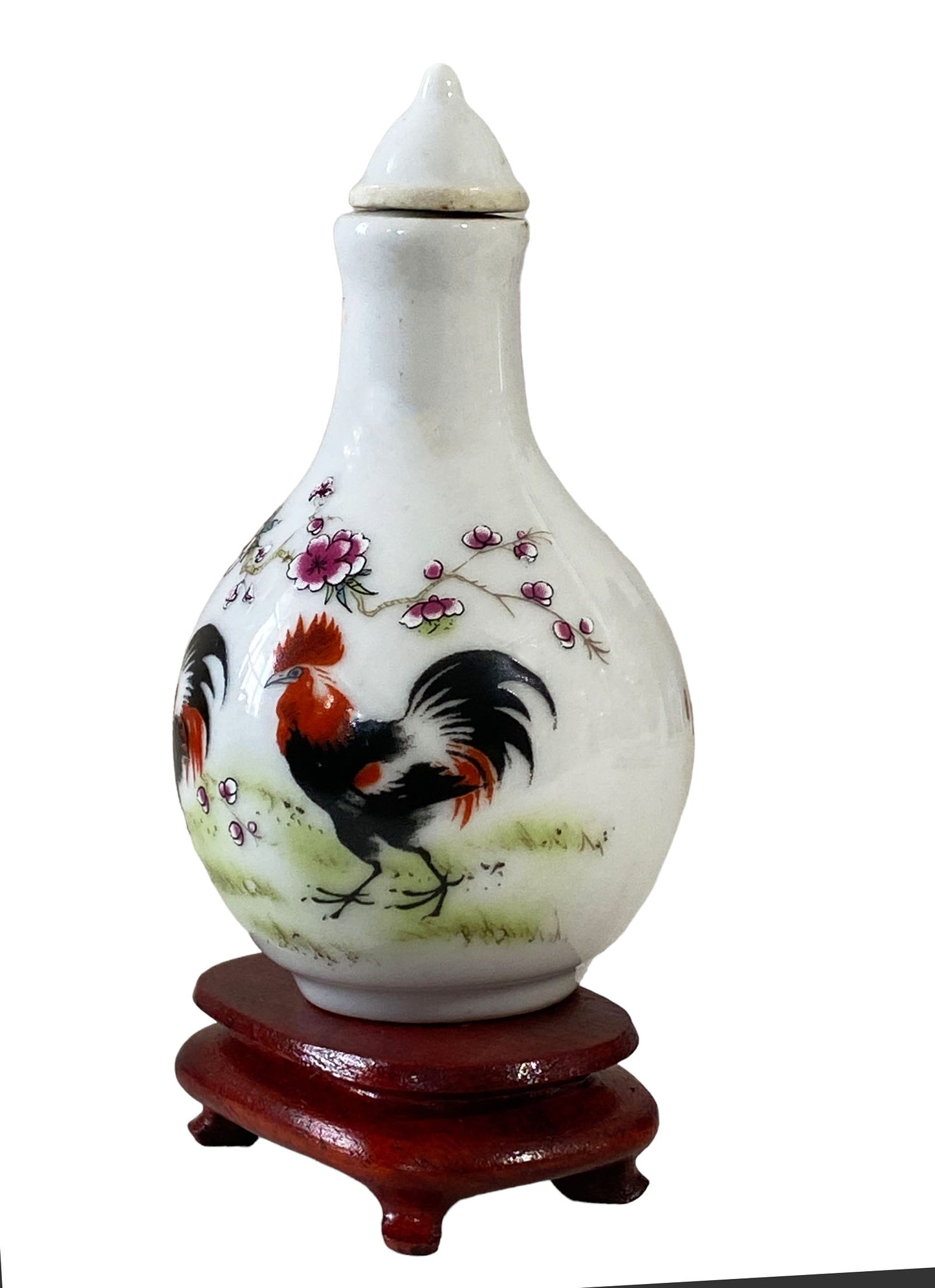 #4071 Vtg Chinoiserie  Famille Rose Roosters Snuff Bottle 4." H W/Stand