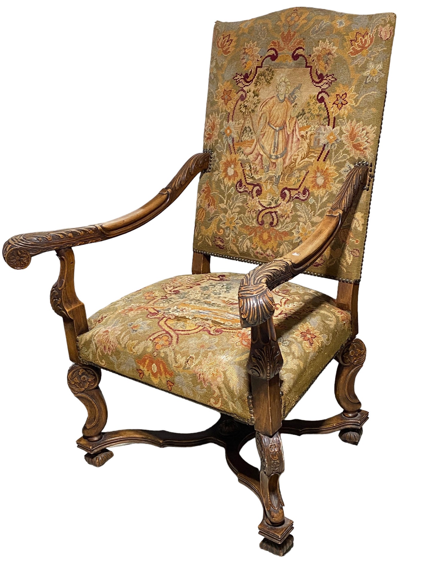 #5557 19th c English Jacobean Style Chair Upholstered With Petit Point .