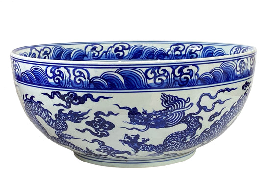 #7006 Chinoiserie Blue & White Porcelain Dragon Bowl 16" Diameter
