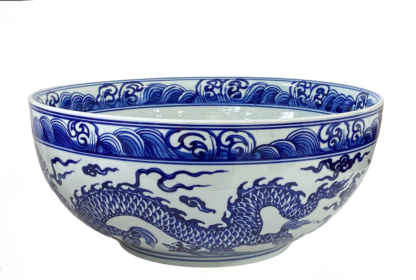 #7006 Chinoiserie Blue & White Porcelain Dragon Bowl 16" Diameter