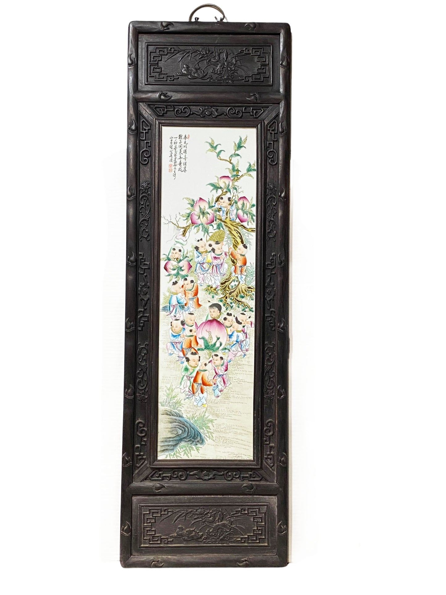 #5525  Superb LG Chinese  Famille Rose  Porcelain Wood Panel 49" H