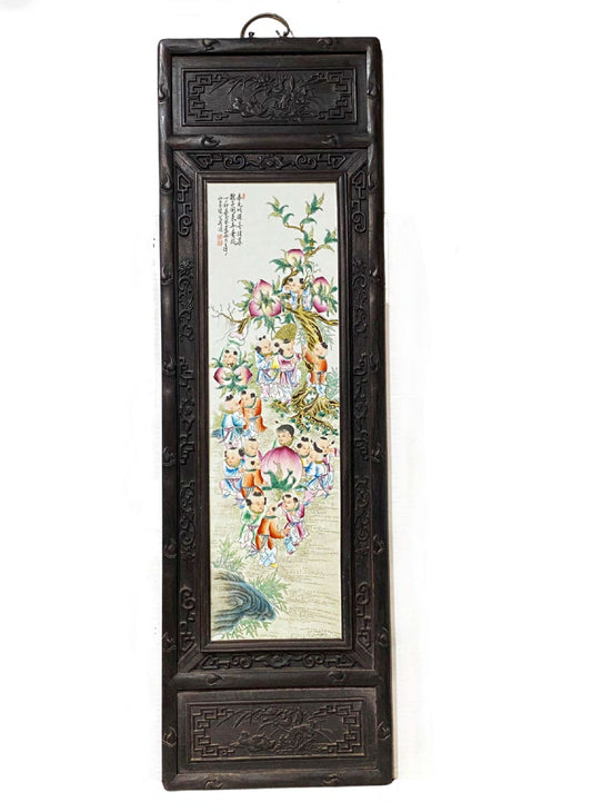 #5525  Superb LG Chinese  Famille Rose  Porcelain Wood Panel 49" H