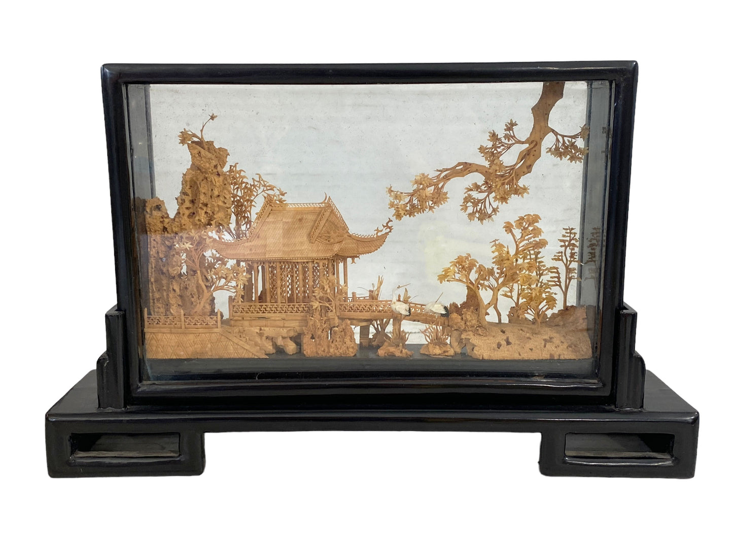 #5664 Chinese Cork Diorama Art Shadow Box Carved Pagoda Black Lacquered 9” X 6”