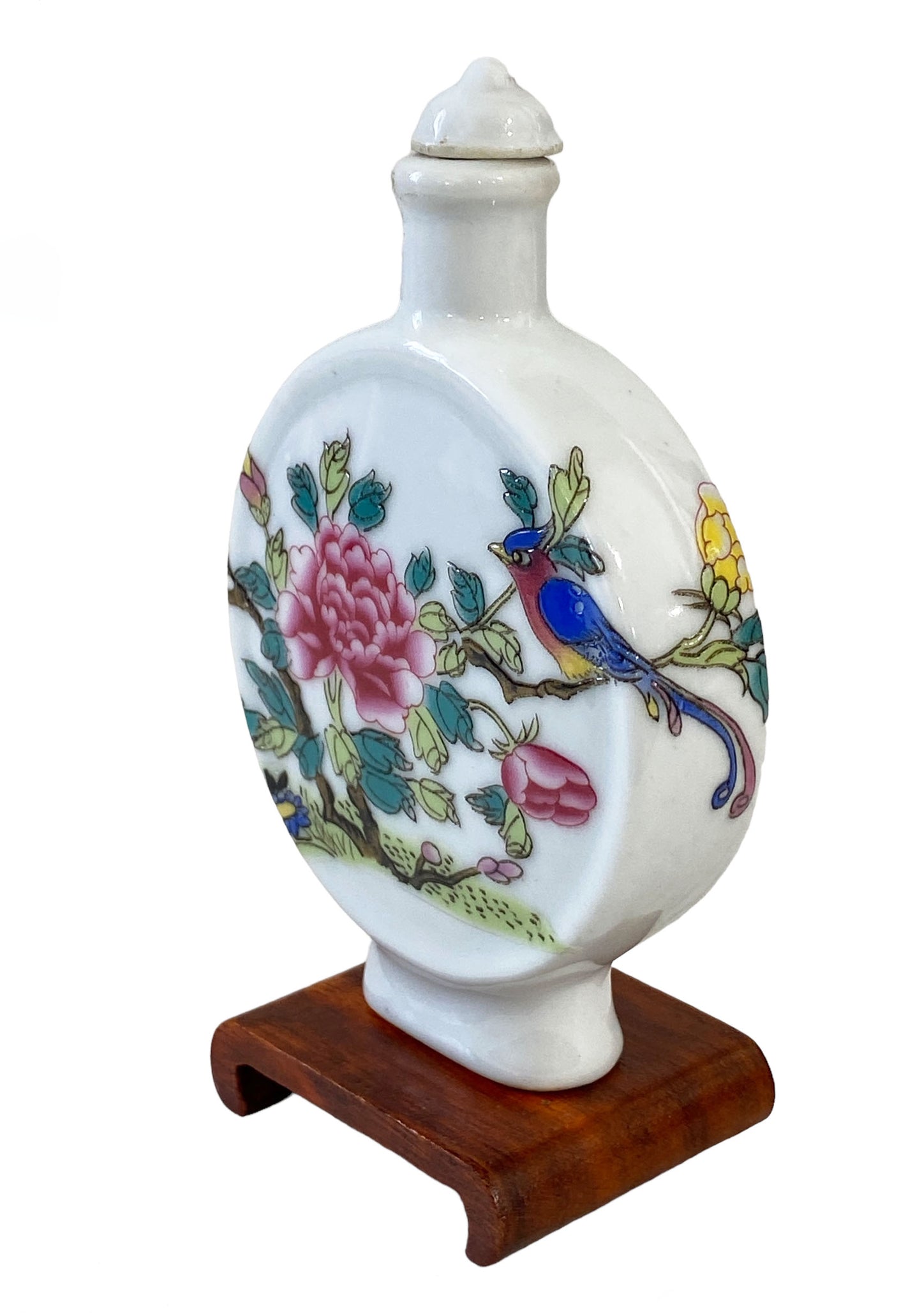 #4074 Vtg Chinoiserie Colorful Famille Rose Snuff Bottle 4.75" H W/Stand