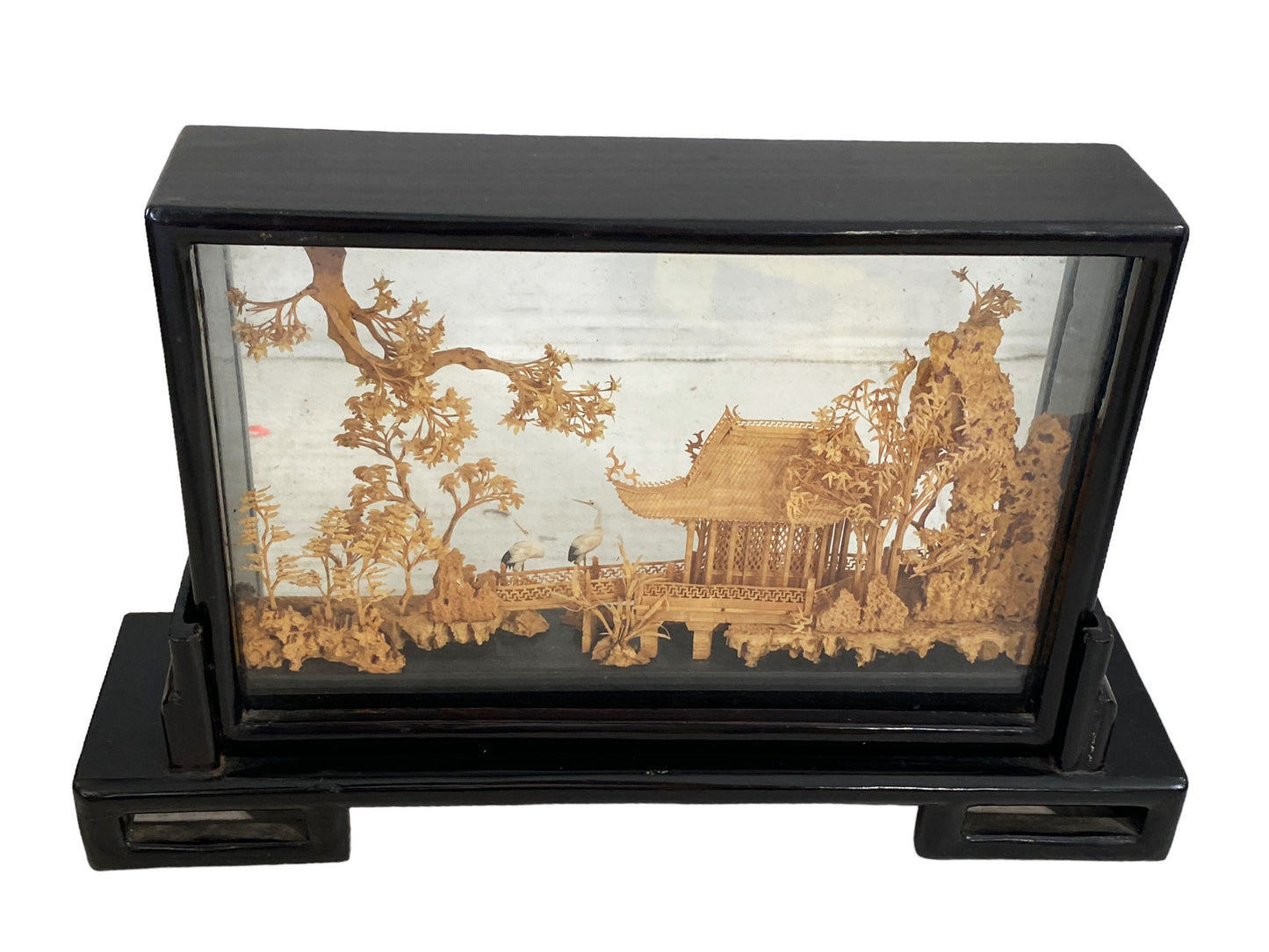 #5664 Chinese Cork Diorama Art Shadow Box Carved Pagoda Black Lacquered 9” X 6”