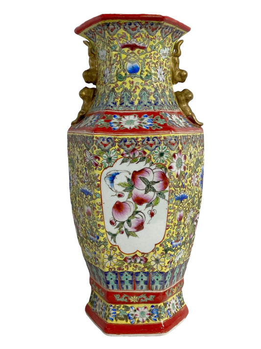 #2308 Chinoiserie Porcelain Famille Jaune Vase 15.5" H