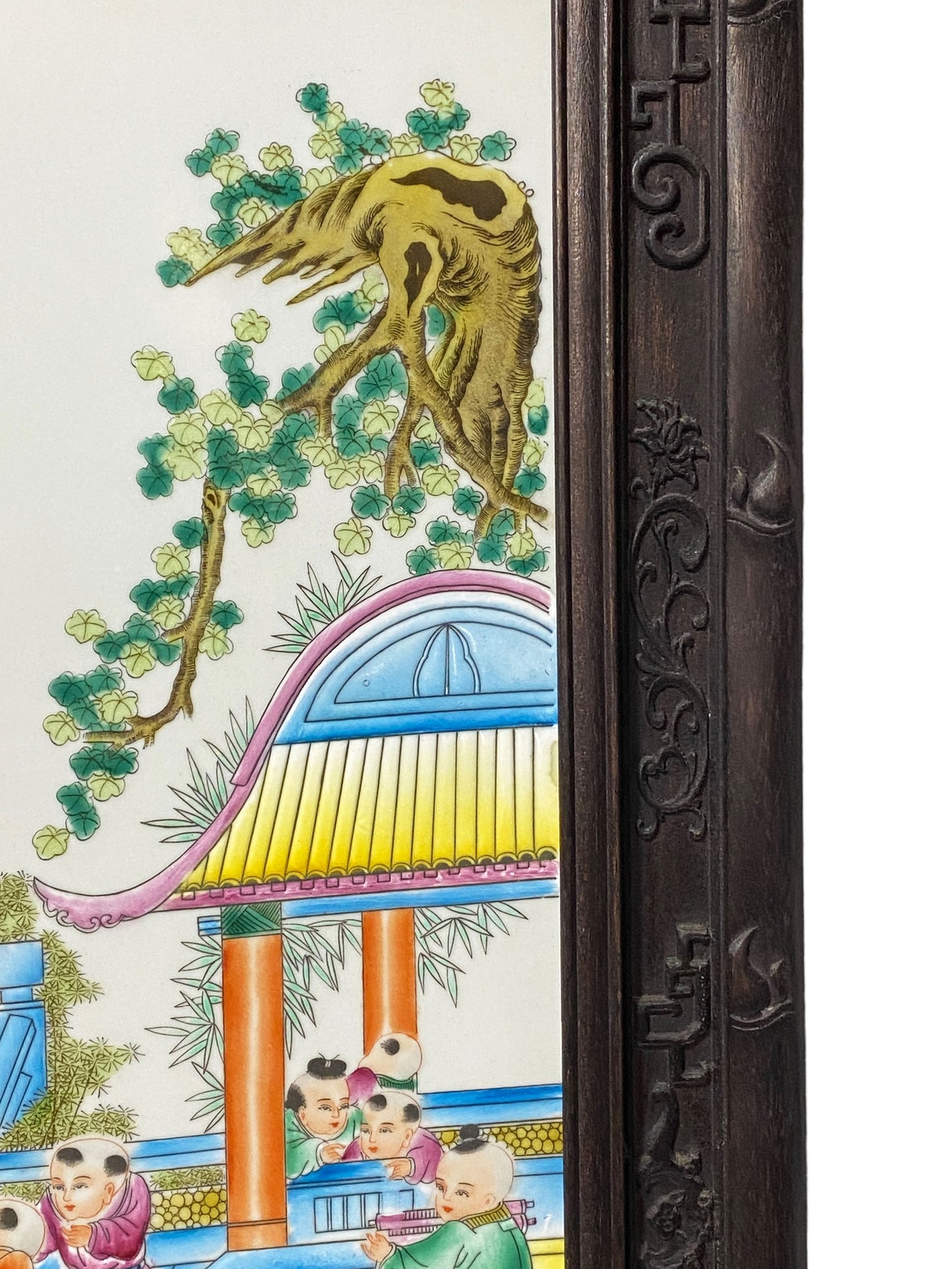 #5531  Superb LG Chinese  Famille Rose  Porcelain Wood Panel 49.25" H