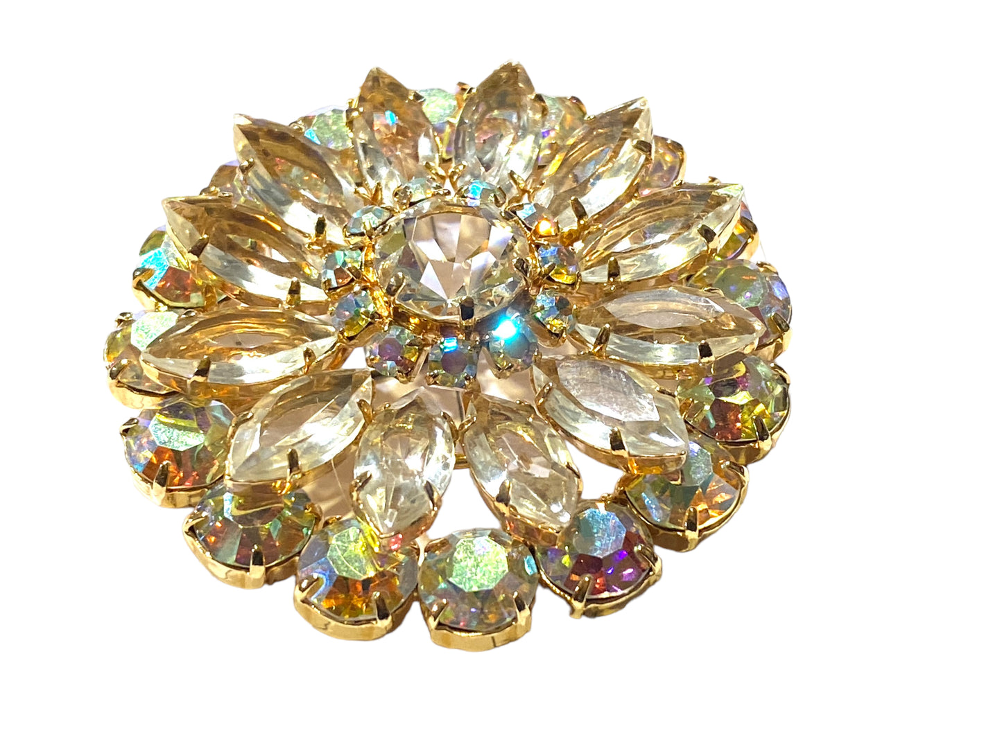 #5853 Vintage Rhinestone Crystal Wreath Brooch  Aurora Borealis