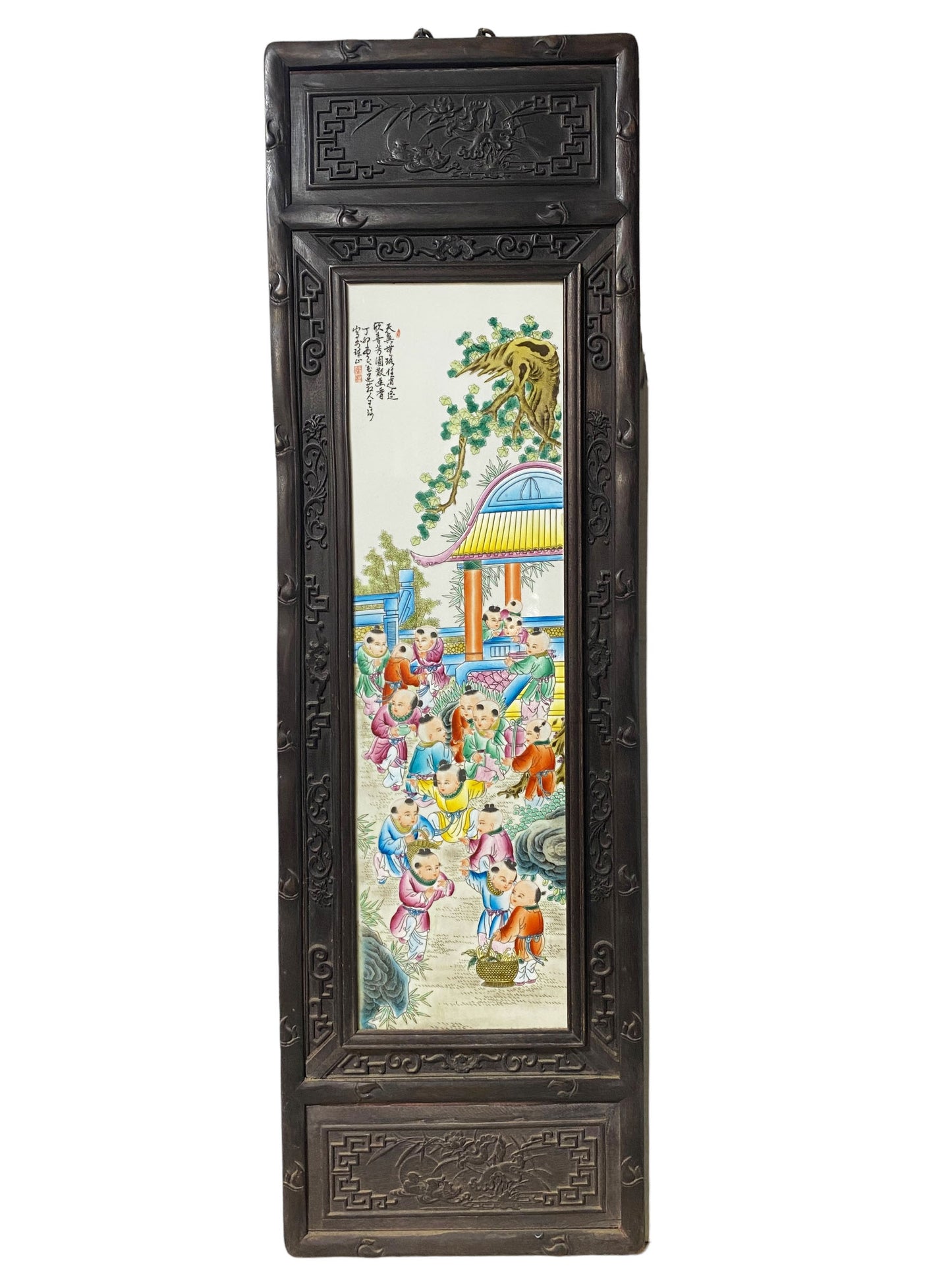 #5531  Superb LG Chinese  Famille Rose  Porcelain Wood Panel 49.25" H