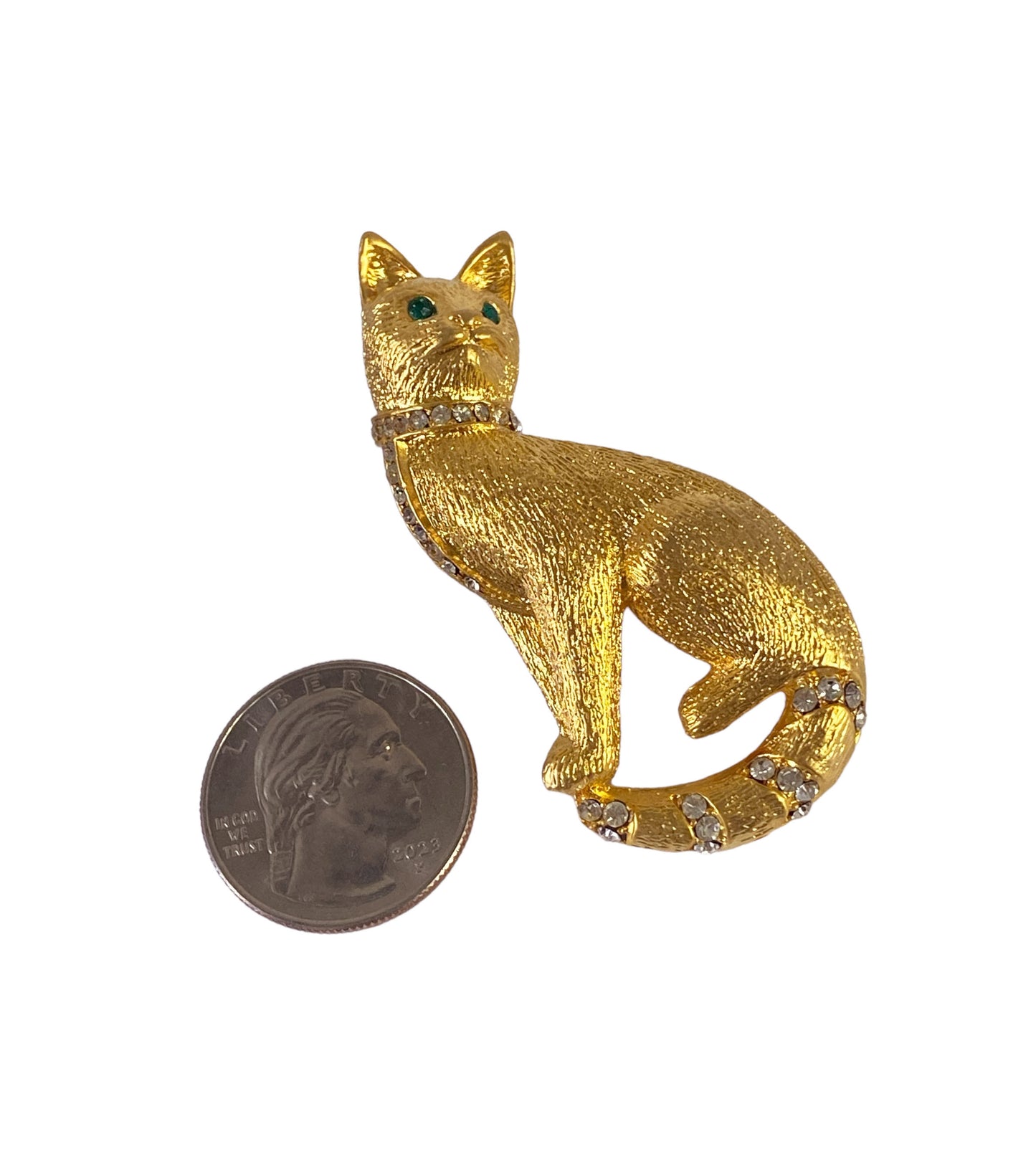 #5933 Vintage Gold Toned Cat Brooch Pin with Green Eyes 2.75" H
