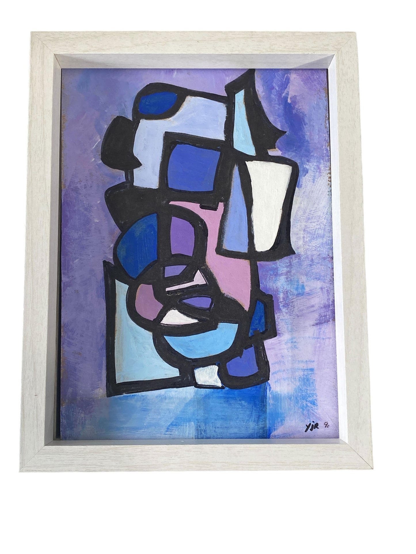 #7162  YJR Abstract Acrylic on Paper Titled les fenêtres Framed 8.5" H