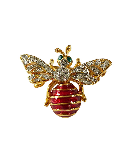 #7164 Vintage Gold Tone Red enamel Clear Cristal Rhinestone Bumble Bee  Brooch Pin