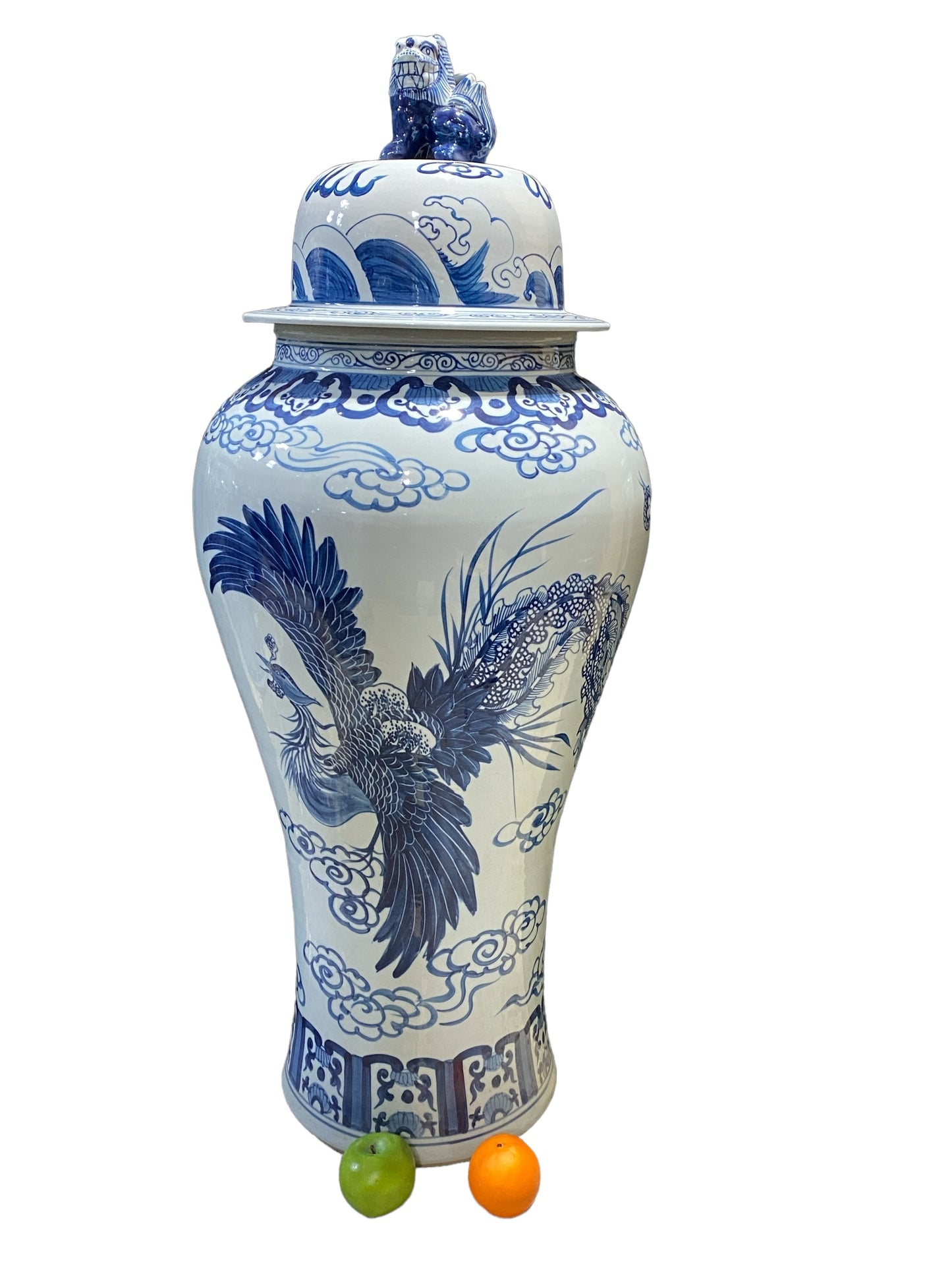 #7205  Mansion Size Chinoiserie Ginger Peacocks Jar 44" H