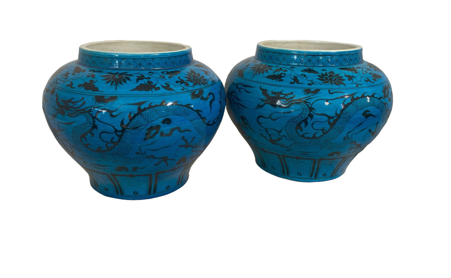 #4819 /6163 Chinese Turquoise Yuan Style  Vases/Cachepots W / Flying Dragons  11" H Set of two