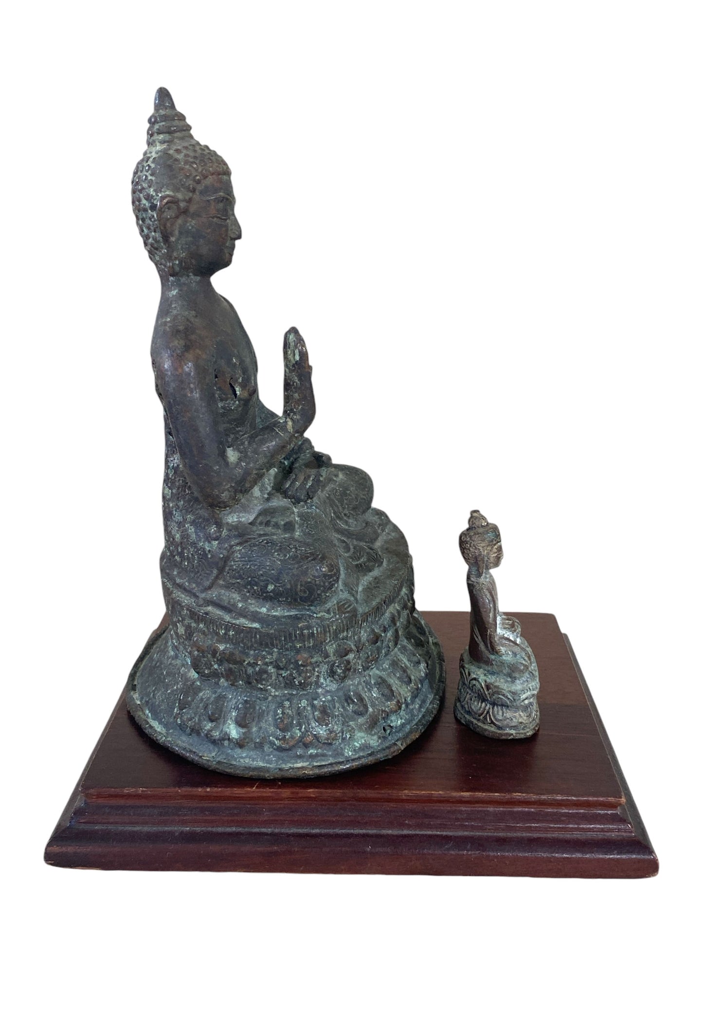 #6212 Set of Two Old Asian Bronze Buddha On Wooden Stand 6" H