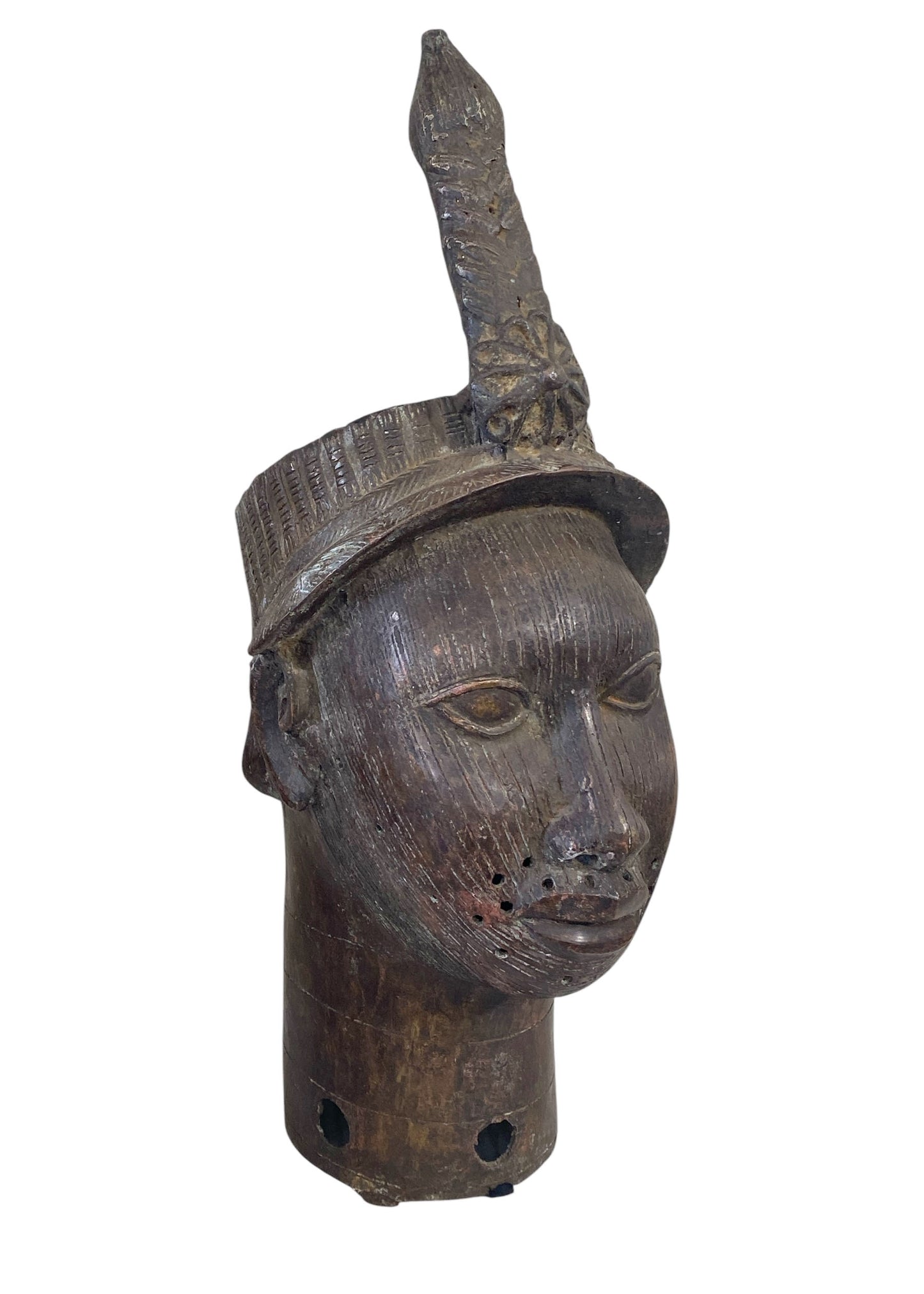# 969 Superb Lg Benin Bronze Head of Oba Nigeria African 21.5" H