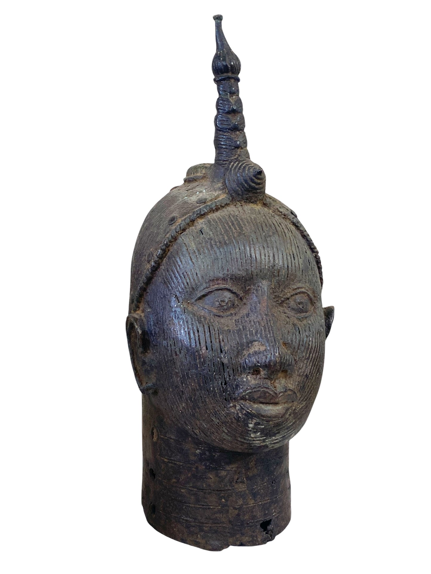 #4183 Superb Old LG  Benin Bronze  Head  of the Queen Mother Iyobas Nigeria African 17" H