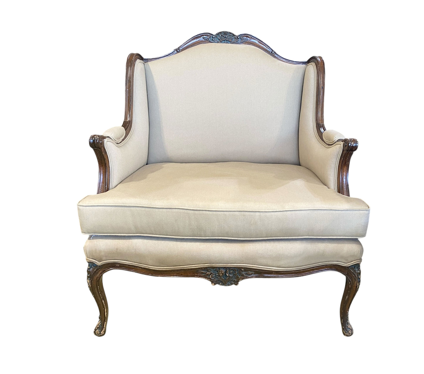 #6607 Vintage French Country Louis XV Style Carved Walnut  Bergere Lounge Chair