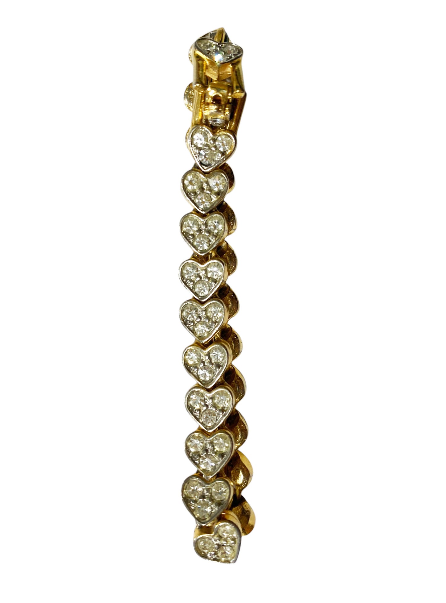 #68 Vintage  Faux Gold Tone  Pave Rhinestone Heart Tennis Bracelet