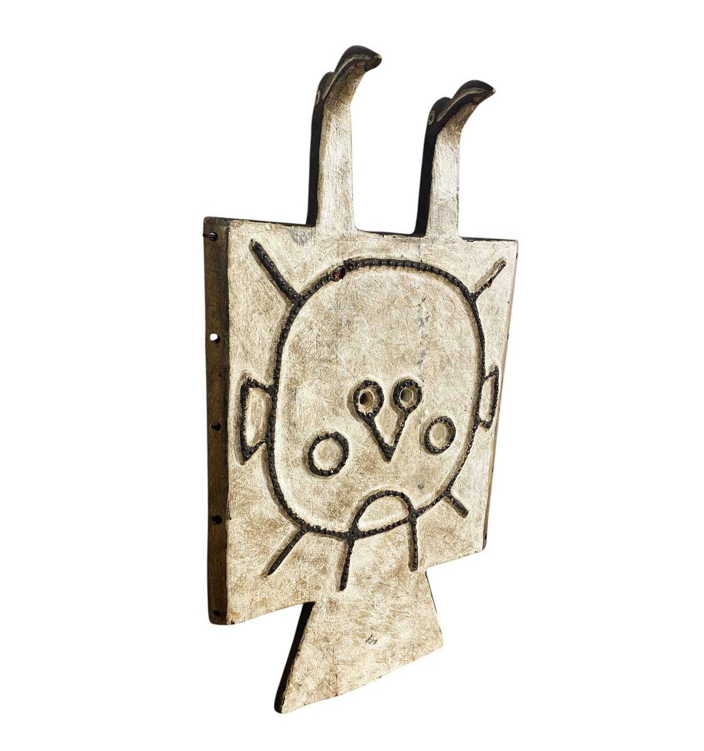 #1177 VTG African Toussian Bird Mask Carved Wood Plank Crest -Burkina Faso 25.5" H