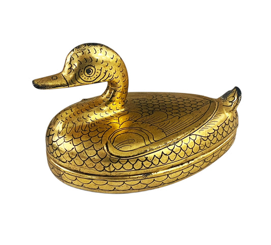 #674 Vintage Burmese Gold Painted Wood Lacquered Duck Trinket Box