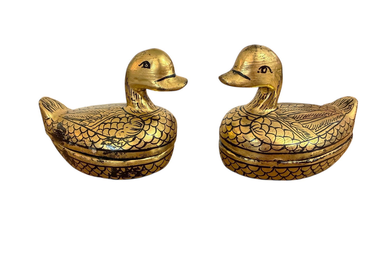 #632 Vintage Burmese Gold Painted Wood Lacquered Ducks Trinket Boxes S/2
