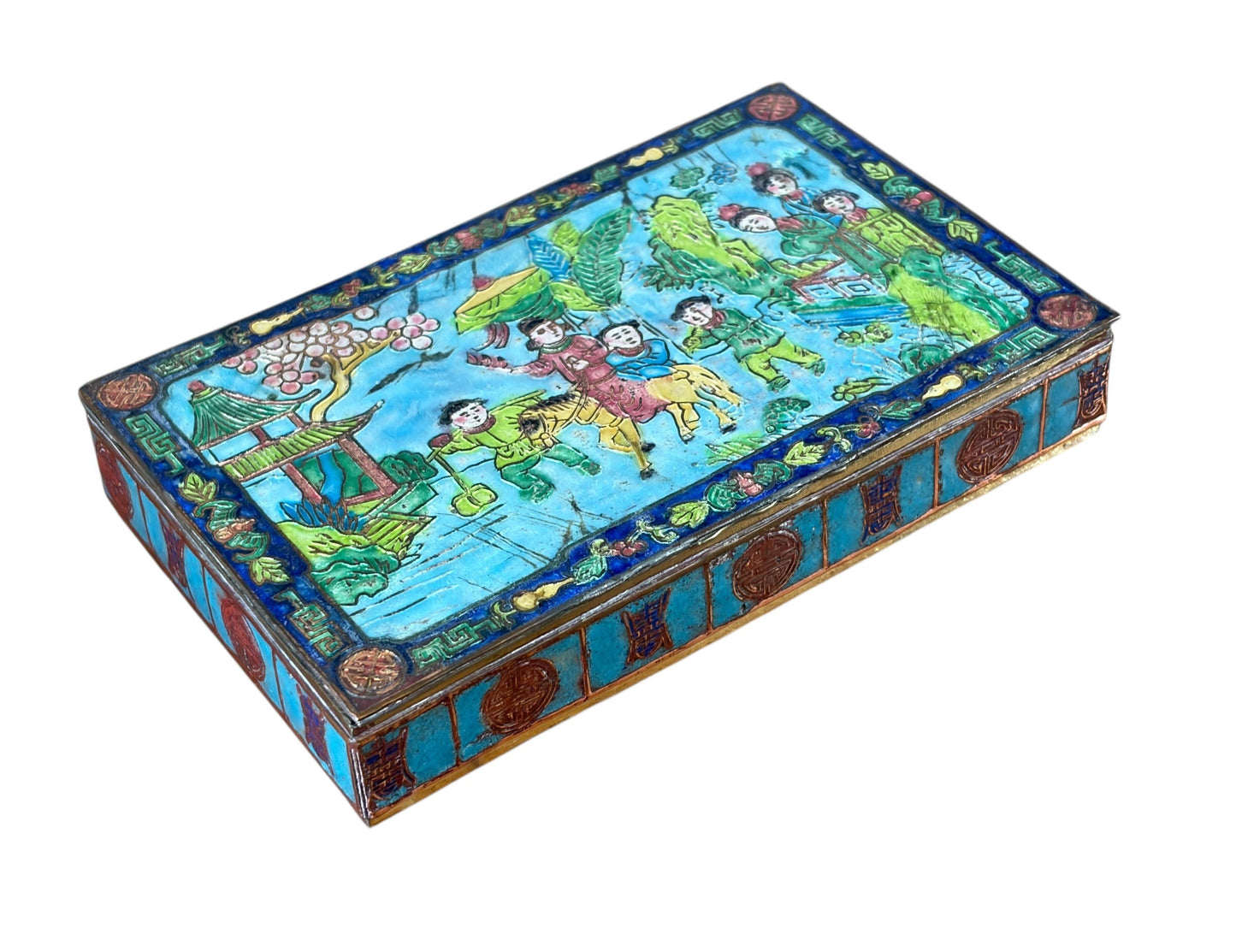 #633 Vintage Chinoiserie  Enamel Repousse on Brass Hinged Chinese Box